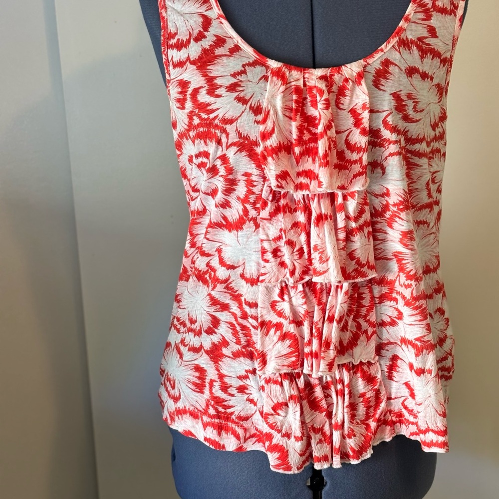ANTHROPOLOGY Red & White Floral Ruffled Sleeveless Top - Women
